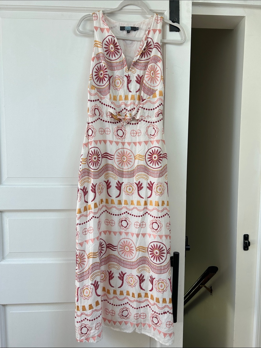 Eva Franco White Tunic with Red and Mustard Embroidery-Maxi Dress Size 2